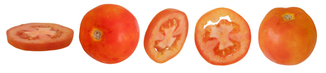 Whole tomato with multiple sliced pieces isolated on white background