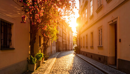 Sunset Cobblestone Street with Spring Bloom.