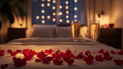 Romantic getaway champagne rose petals bedroom lights valentines day celebration anniversary surprise hotel 100 silhouette