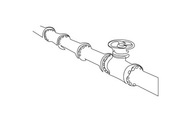 Piping System Line Art Industrial Valve and Pipe Fittings, Pipeline with Valve, Gas oil pipeline continuous line art drawing
