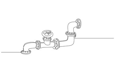 Piping System Line Art Industrial Valve and Pipe Fittings, Pipeline with Valve, Gas oil pipeline continuous line art drawing
