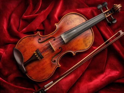 Antique Violin and Bow on Rich Red Velvet: Dramatic, Elegant, Musical Stock Photo