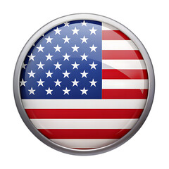 Round American flag button with metallic border and reflective surface isolated on a transparent background