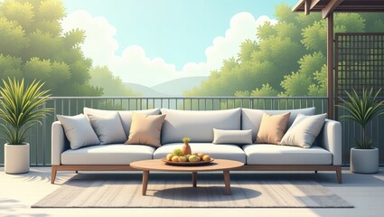 Outdoor patio furniture set with a view of lush greenery.