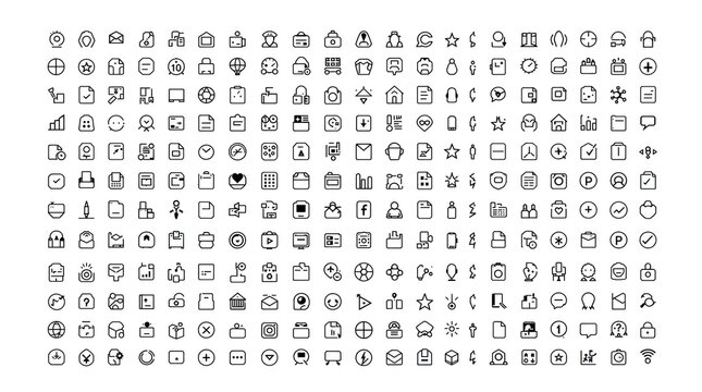 Assortment of minimalist black and white line icons for various digital or print applications