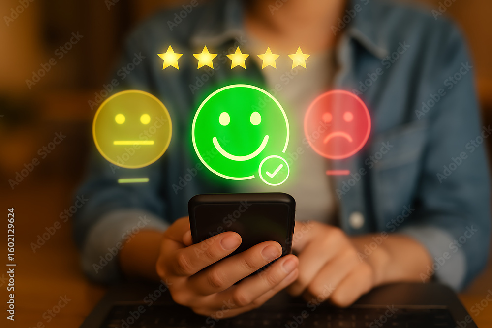 Poster customer satisfaction rating interface with five star feedback and happy face icon review system on 