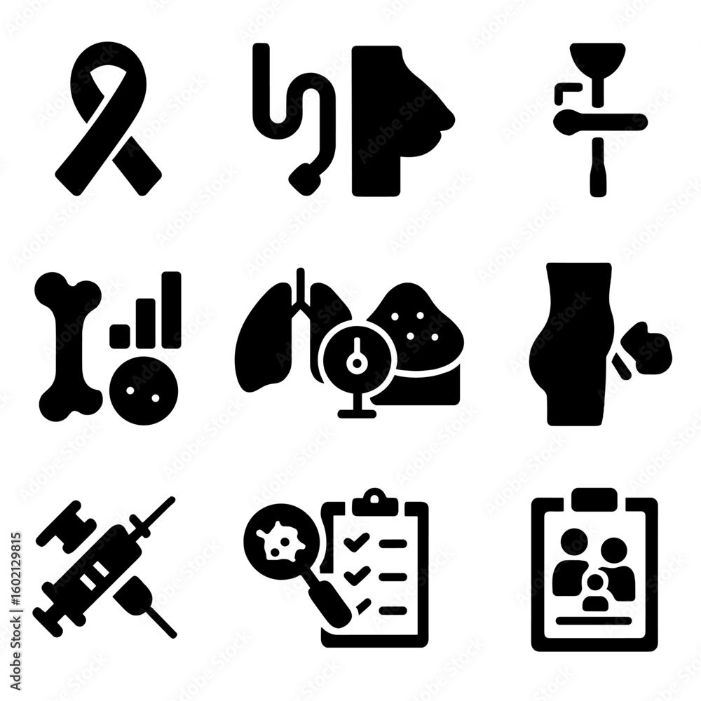 Poster family icon checklist set screening preventive characters icons vector density isolated mammogram