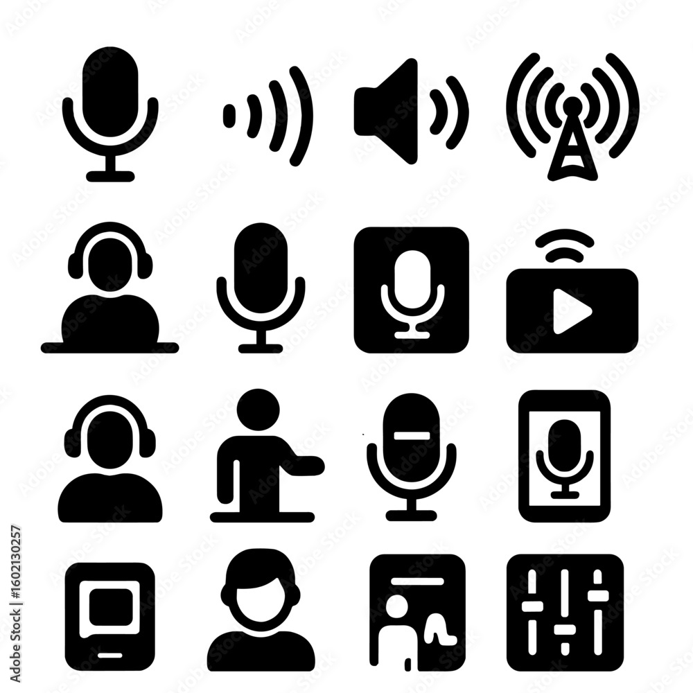 Poster podcast grid voice icon broadcasting station vector icons app broadcast labels set