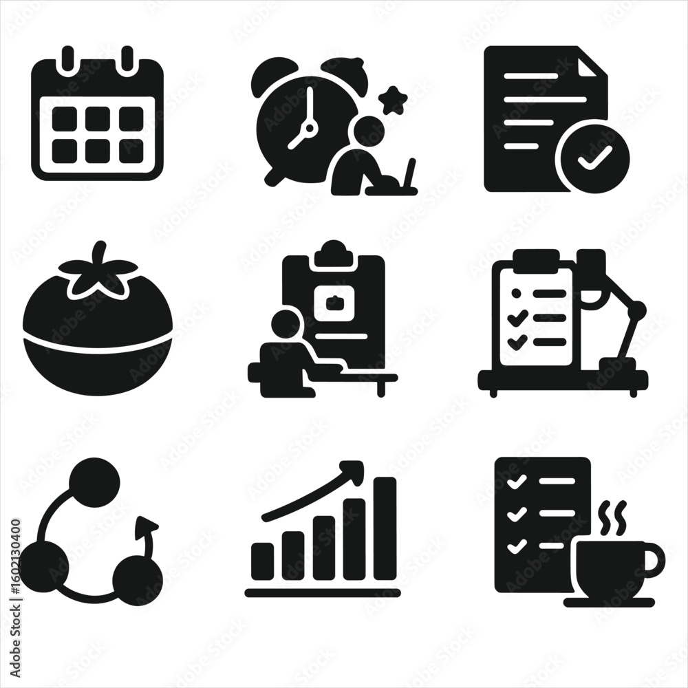 Poster text productivity set grid icons task no vector speech icon alarm morning