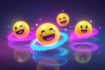Obraz premium Floating Smiley Faces with Colorful Rings and Sparkles in Space
