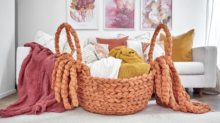Obraz premium Knitted storage basket, living room, autumn decor, blankets, home styling