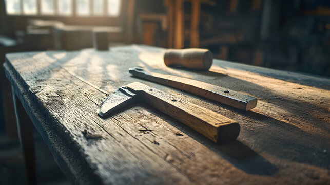 Workshop table with tools and wood illuminated by natural light.