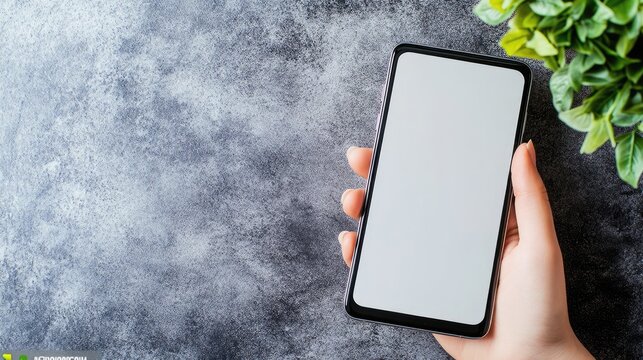A hand holds a smartphone with a blank white screen against a dark mottled surface; a small potted plant is visible in the upper right corner