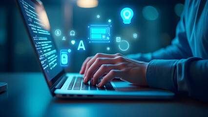 Developer Coding On Laptop With Symbols