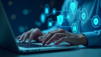 Typing on Laptop With Glowing Icons