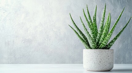 Green Aloe Vera Plant in Modern White Pot on Minimalist Background