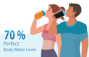 Drinking water, water percentage level in human, aqua balance in human body. daily fluid intake, inforgraphic man,women. vector, illustration