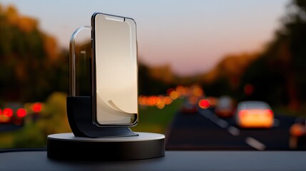 Smartphone car mount, sunset highway backdrop, navigation