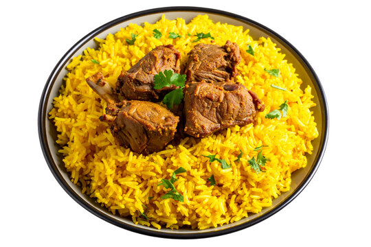 Traditional Mutton Tehari with Yellow Basmati Rice and Bone-In Meat Pieces, Transparent Background