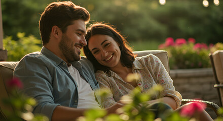 Romantic young couple relaxing together on a patio, enjoying a sunny afternoon