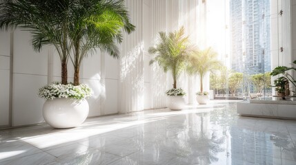 Bright and spacious modern lobby with large potted plants.