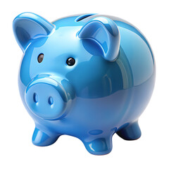 Shiny blue ceramic piggy bank with black eyes and snout on a white background isolated on a transparent background