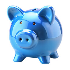Shiny blue ceramic piggy bank with coin slot and small brown eyes isolated on a transparent background