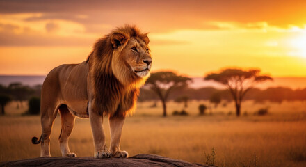 Obraz premium Majestic lion stands guard at sunrise, illuminated by golden light
