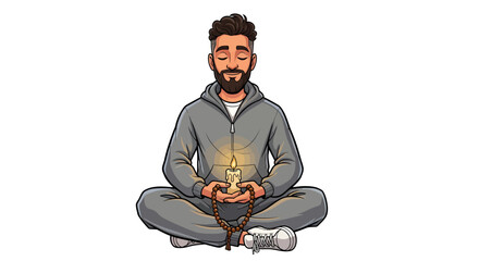 A serene bearded man in a grey tracksuit finds inner peace, sitting cross-legged in meditation holding a luminous candle.