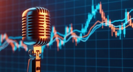 Vintage microphone stands ready to capture financial market insights and economic trends with a dynamic stock chart background