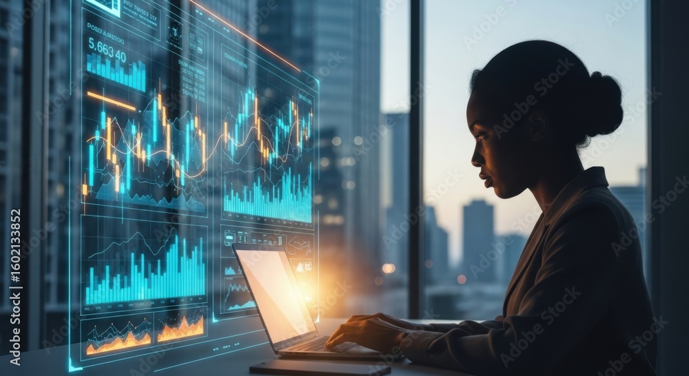 Poster focused business professional analyzing complex financial market data displayed on a large futuristi