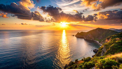 Sunset over coastal hills with ocean view.
