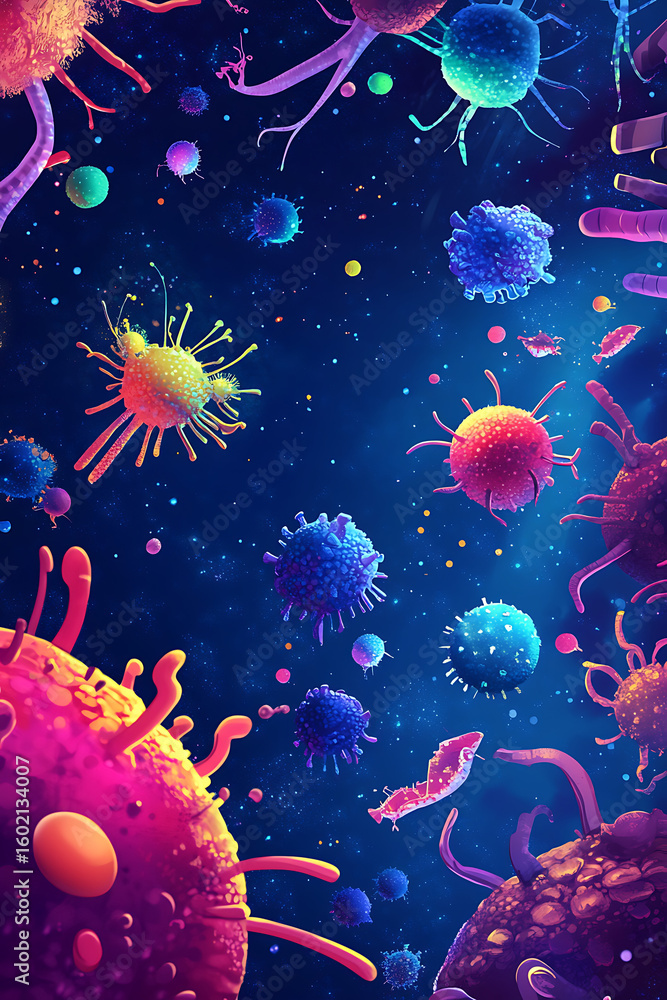 Aufkleber vibrant microscopic view of colorful bacteria and viruses floating in a dark cosmic background