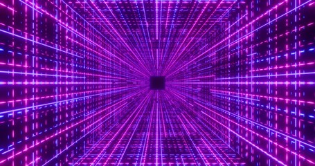 Futuristic glowing neon rays background. Shining geometric pink grid and lines inside corridor in perspective. Bright retro digital cyberspace. 3D rendering.