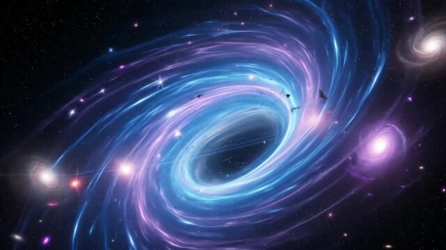 A mesmerizing cosmic phenomenon depicting a swirling vortex of vibrant blue and purple energy, resembling a black hole or wormhole, surrounded by distant gal... - Powered by Adobe