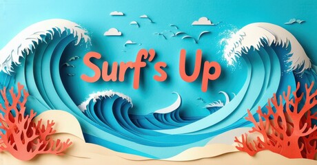Papercraft ocean scene. Waves curl, coral flourishes, birds fly above text reading Surfs Up. Bright colors, whimsical style.
