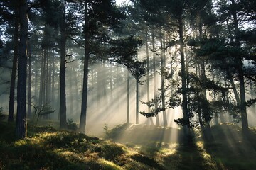 Obraz premium Breathtaking sunbeams shining through a lush, misty forest creating an ethereal woodland landscape perfect for nature and travel inspiration