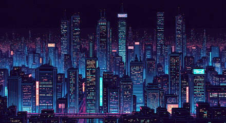 Vibrant Retro-Futuristic Cityscape at Night with Neon Lights Reflecting in Water