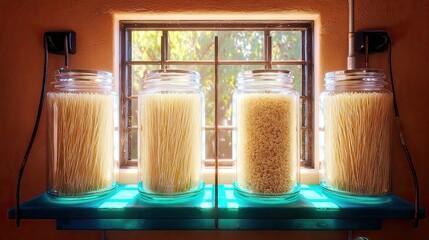 Pasta jars, sunlit kitchen window, storage, pantry
