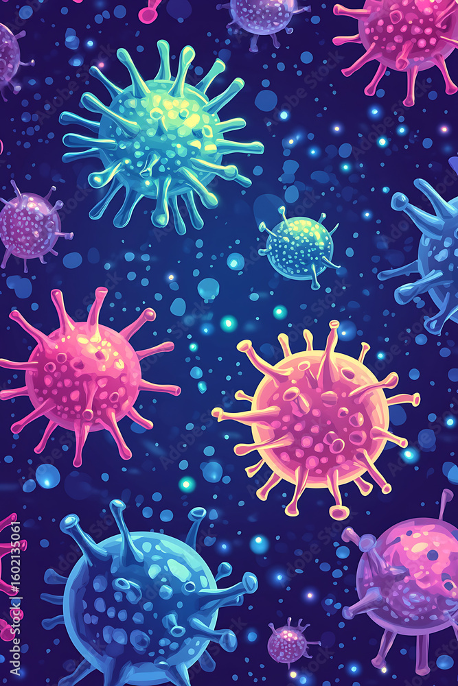 Poster colorful microscopic view of viruses floating in space with bubbles and vibrant colors