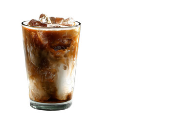 Chilled iced coffee latte in clear glass overflowing with rich crema, floating ice cubes and realistic condensation isolated on transparent background high‑resolution PNG cutout perfect for summer