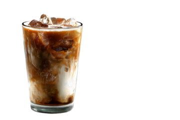 Chilled iced coffee latte in clear glass overflowing with rich crema, floating ice cubes and realistic condensation isolated on transparent background high‑resolution PNG cutout perfect for summer