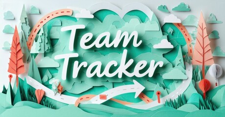 Fototapeta premium Papercraft landscape features road, trees, clouds. Text reads Team Tracker in white, suggesting collaboration, journey tracking. Vibrant colors dominate design.