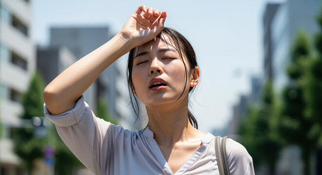 猛暑でしんどそうな女性　夏　暑い