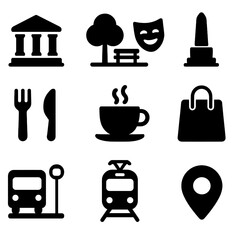 Attractions station shopping theater compass icon vector stop pin local location café