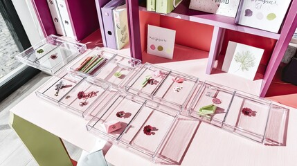 Pink desk, organized craft supplies, stationery storage, home office