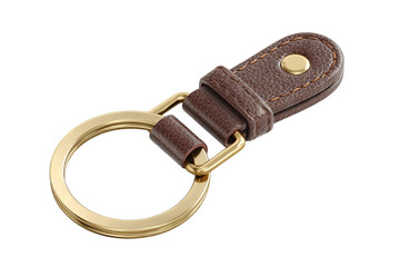 Brown leather keychain mockup with polished gold ring isolated on transparent background, versatile high‑resolution PNG cutout perfect for showcasing logos, branding presentations, and professional