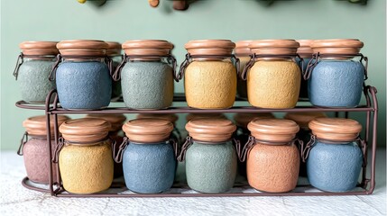 Colorful spice jars rack kitchen storage organization