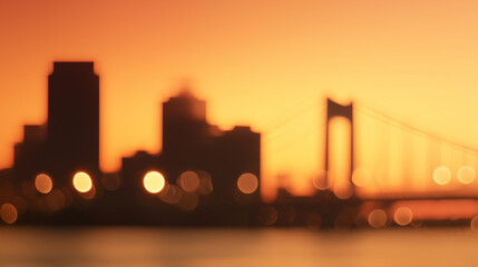 Urban bridge silhouette against a vibrant sunset with soft bokeh city lights.