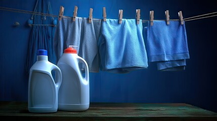 Laundry detergent bottles, clothes drying on line, dark blue background, cleaning products